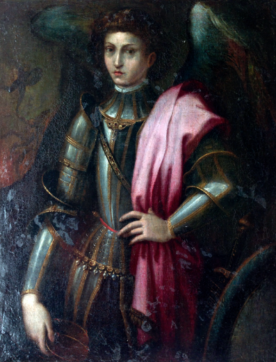 1550's Florentine school Old Master painting of Saint Michael in a suit of armor possibly Ugolino Martelli