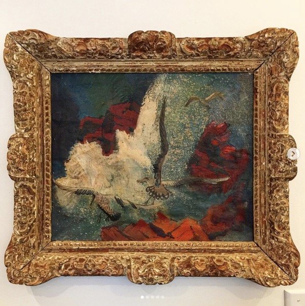 20th Century abstract painting of birds by European American artist Annot Jacobi in a carved French frame