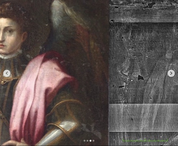 X-ray 1550's Florentine school Old Master painting of Saint Michael in a suit of armor possibly Ugolino Martelli