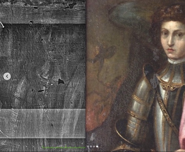 X-ray 1550's Florentine school Old Master painting of Saint Michael in a suit of armor possibly Ugolino Martelli